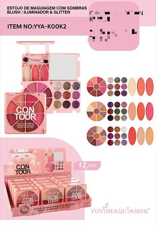 Kit Maquiagem com Sombra/Blush/Iluminador e Glitter c/12pçs Yoyo Maquiagem
