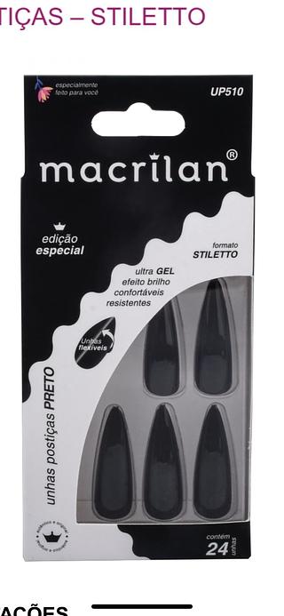 Unhas Postiças Stiletto cor: Preto/ DZ (UP510) Macrilan