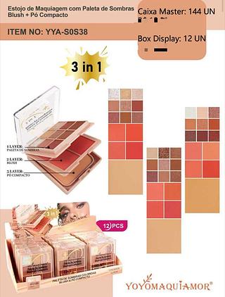 Estojo de Maquiagem com Paleta de Sombras Blush + Pó Compacto c/12pçs Yoyo Maquiagem