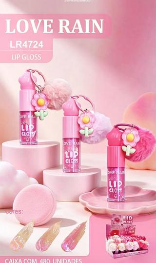 Lip Gloss com Chaveiro Flor e Pompom c/24pçs Love Rain