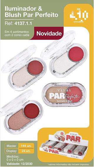 Iluminador e blush par perfeito c/24pcs VIVAI
